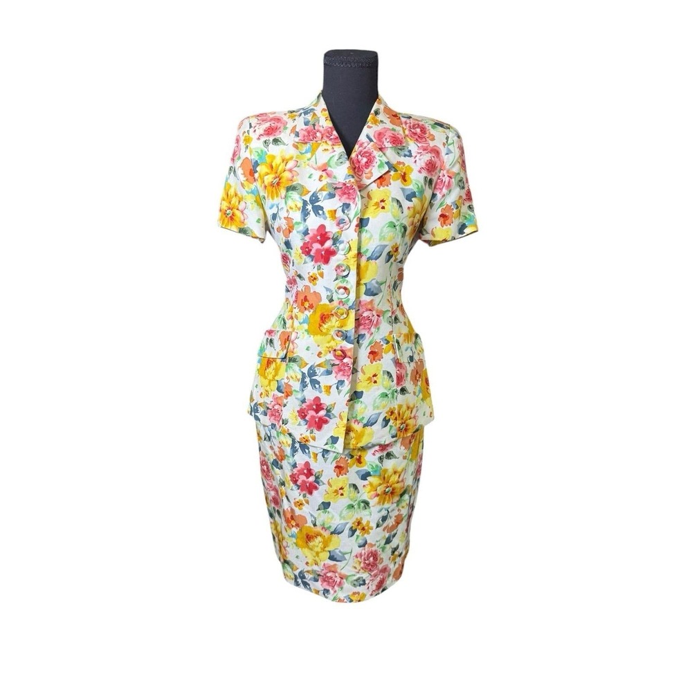 Christian Dior Skirt Suit Womens 4P White Floral Silk ‎ Vintage 2 Piece
